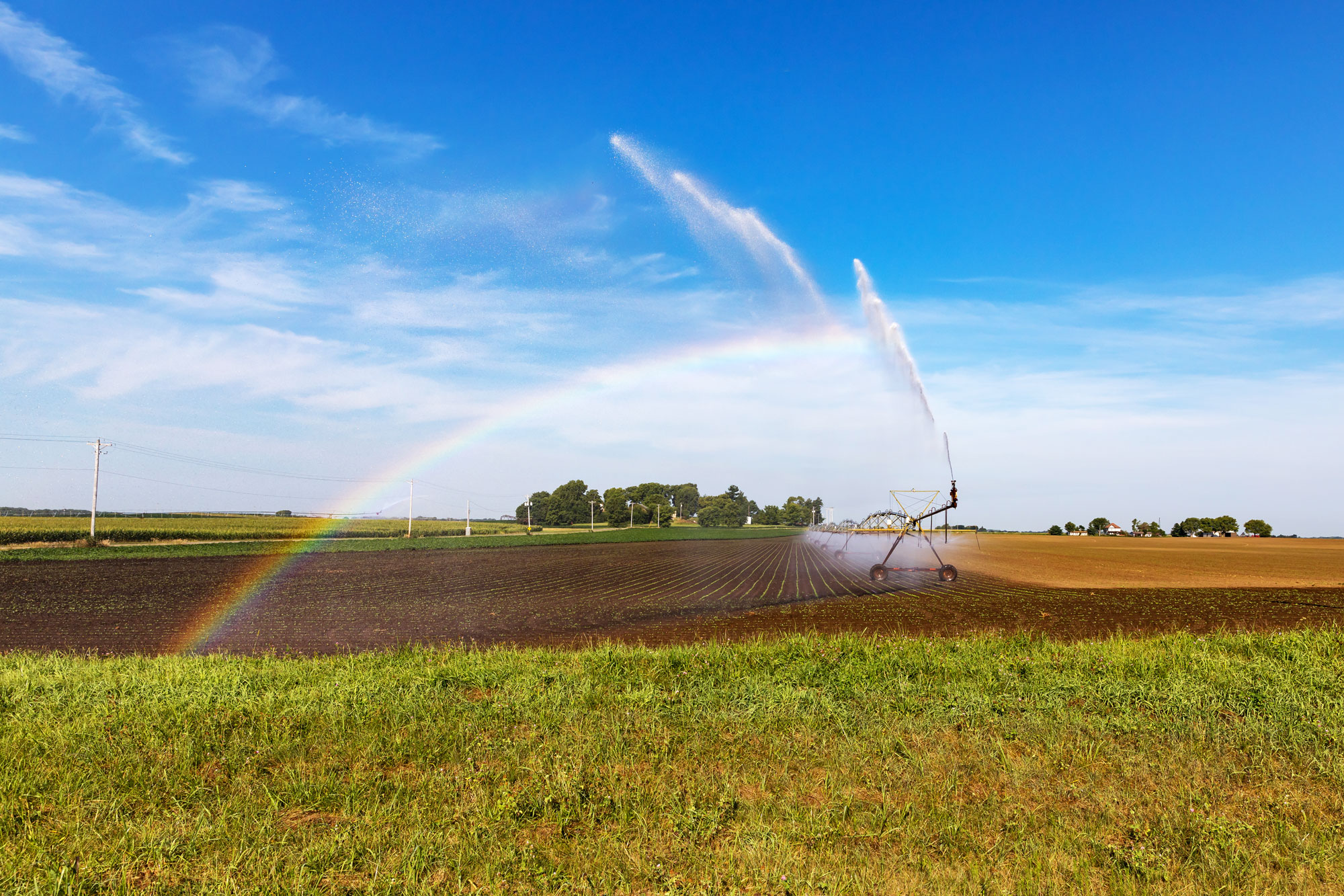 center pivot irrigation system spraying water on soybean field creating rainbow